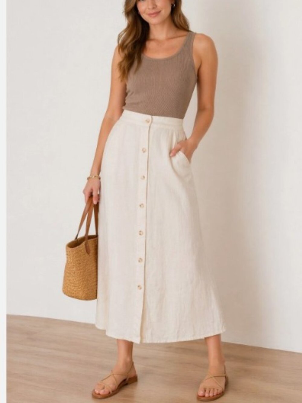 Lauren Conrad Ivory Cream Linen Blend Button Down Midi Skirt Pockets, size M